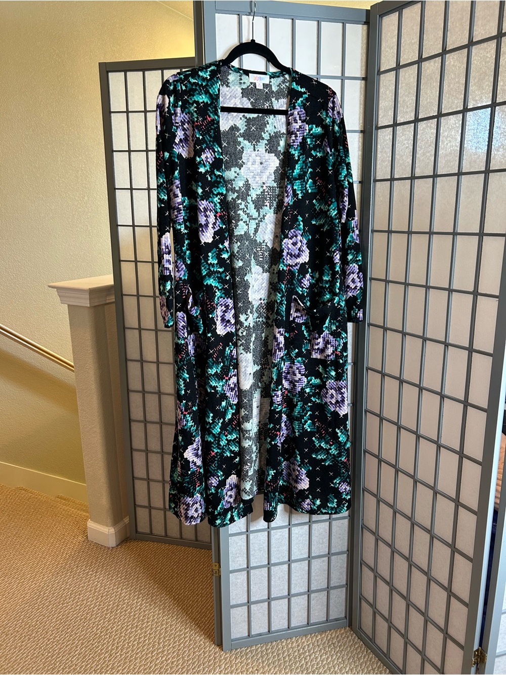 NWT LuLaRoe Sarah Black Cardigan with Teal and Lavender Floral Print